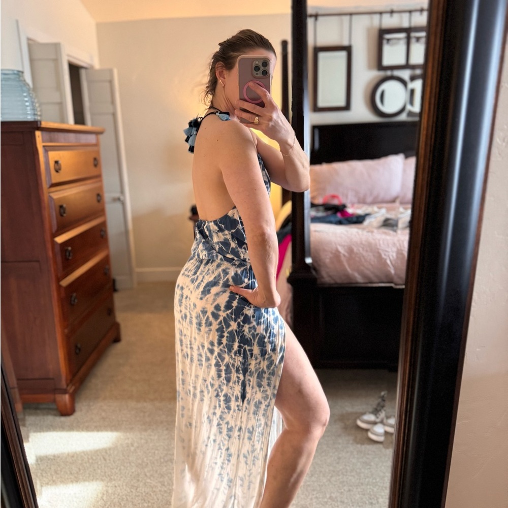 Surf Gypsy Navy Blue and White Backless Halter Swim Coverup